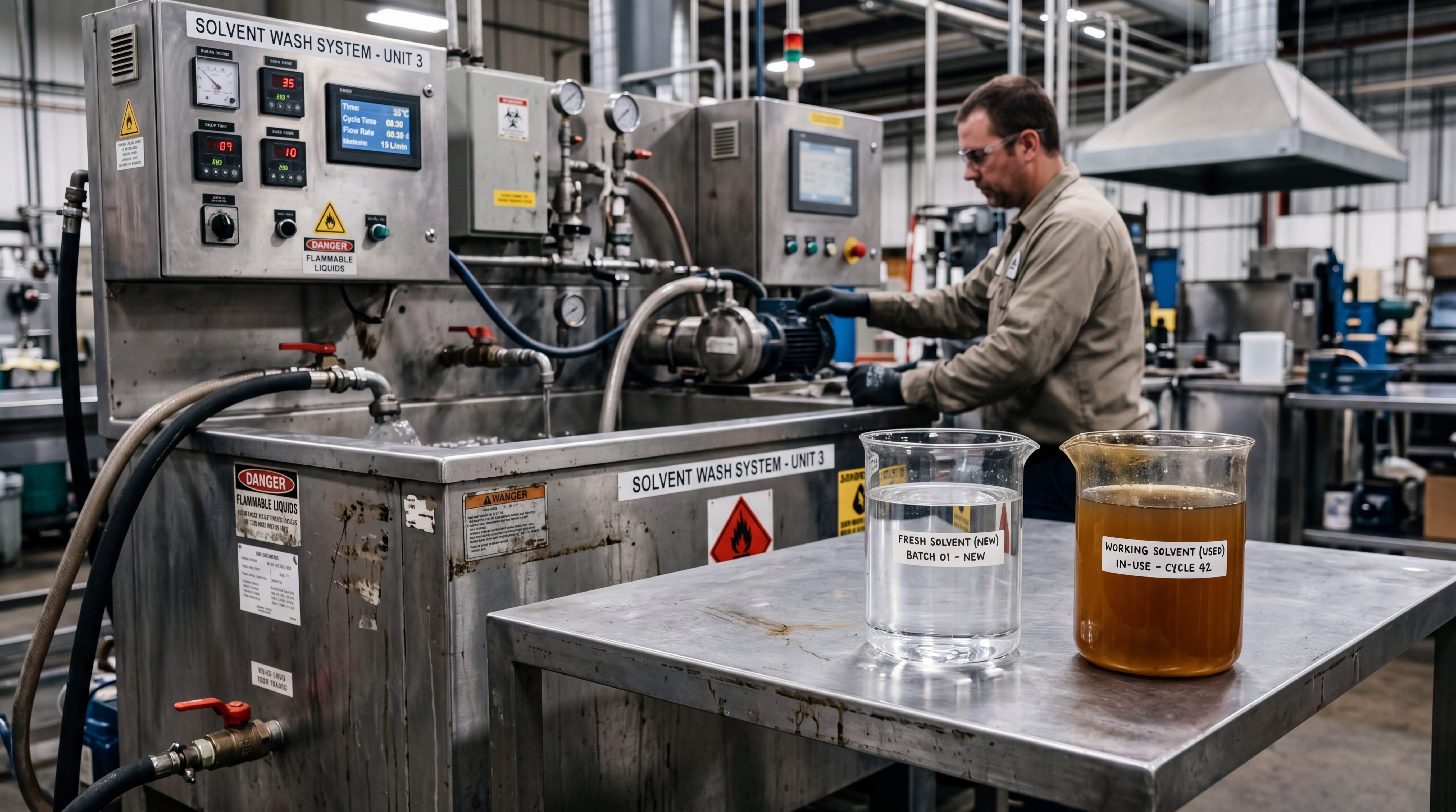 Industrial solvent wash system showing fresh solvent and working solvent in a real production cleaning application